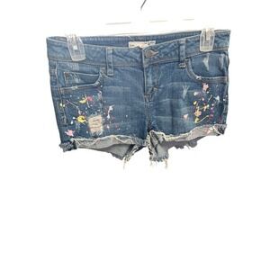 2.1 Denim Blue Distressed Paint Splatter Frayed Hem Jean‎ Shorts Size 26